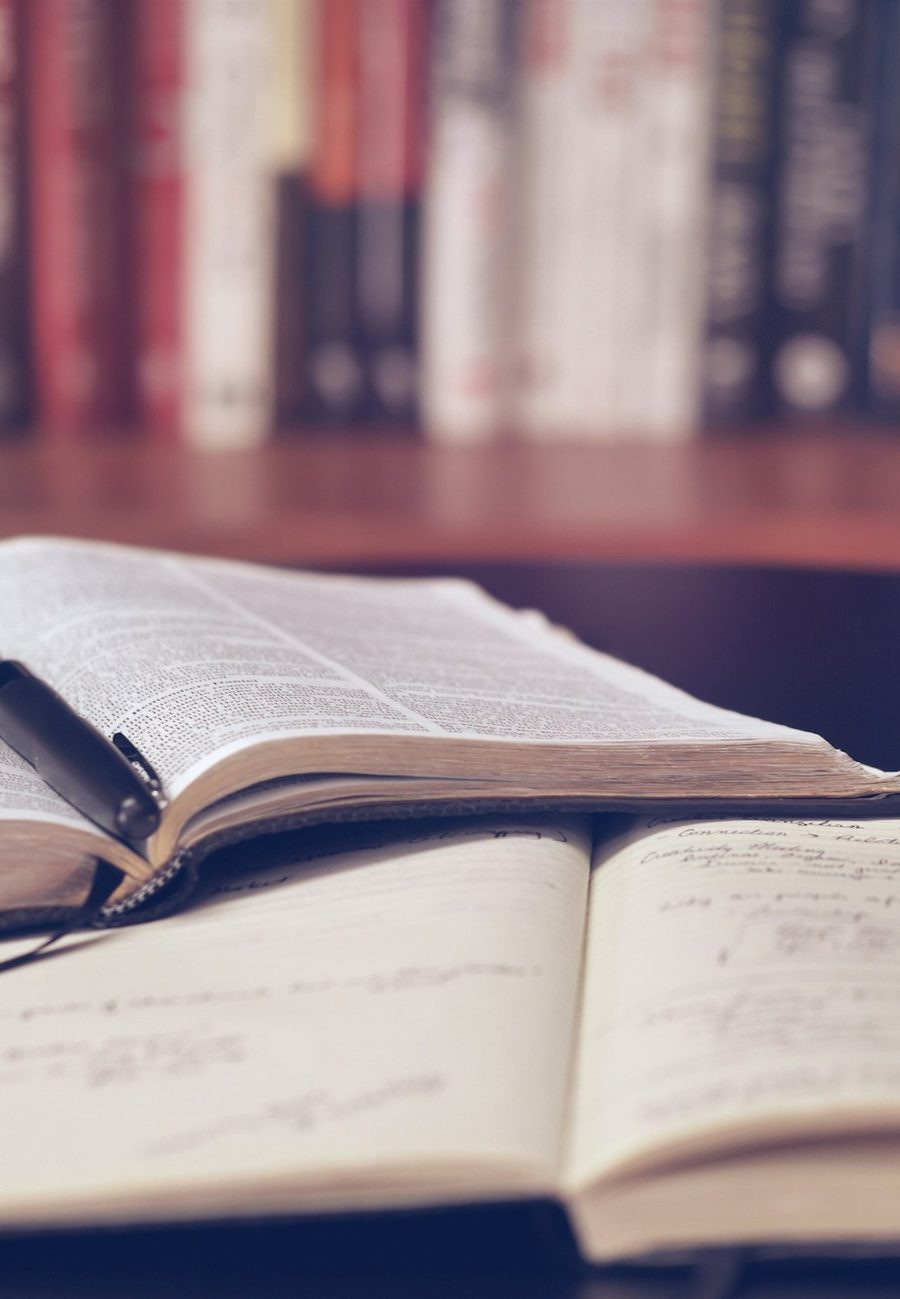 An open book, study notebook and pen on a desk — calm, focused learning